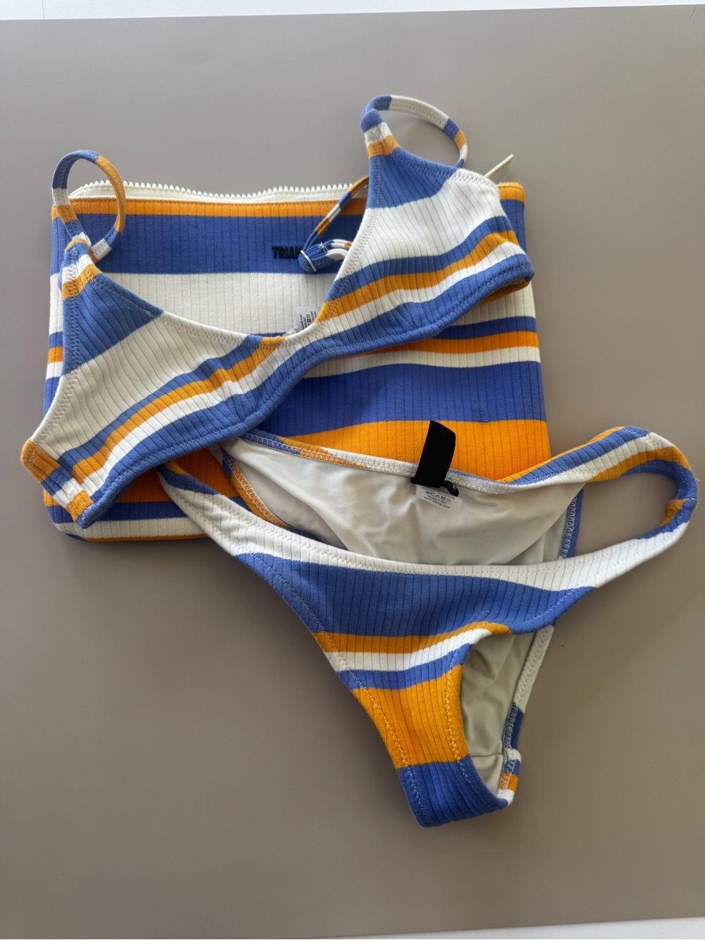 triangl swimwear Blue, White & Yellow Ribbed Stripe Bikini Set